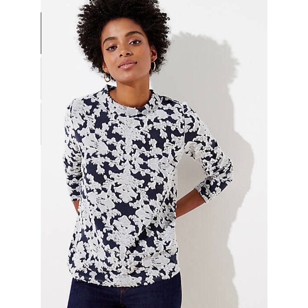 LOFT Blue White Floral Long Sleeve Top Large NWT